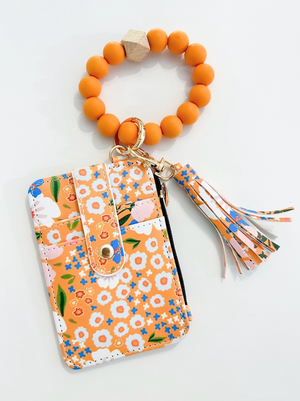 NWOT Orange Boho Floral Wristlet Card Holder Keychain with Tassel - OS